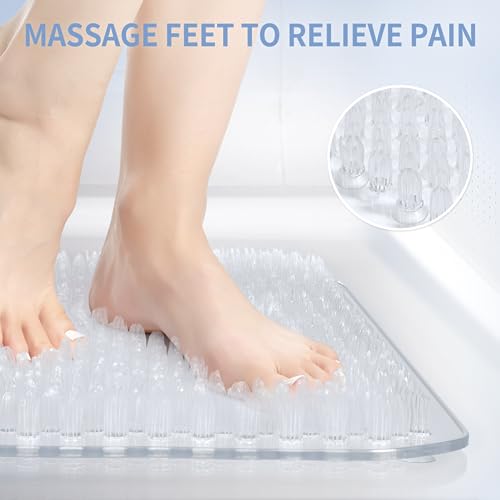 Yolife Shower Foot Scrubber Mat, Anti-Slip Bath Mat with Scrub Bristles, Soft Shower Foot Massager with Strong Suction Cups for Soothe Achy Feet,27.5'' x 15.7'' - color: Clear, size: 27.5" x 15.7" (Rectangular)