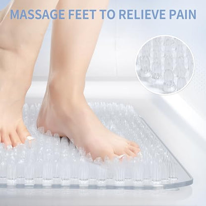 Yolife Shower Foot Scrubber Mat, Anti-Slip Bath Mat with Scrub Bristles, Soft Shower Foot Massager with Strong Suction Cups for Soothe Achy Feet,27.5'' x 15.7'' - color: Clear, size: 27.5" x 15.7" (Rectangular)