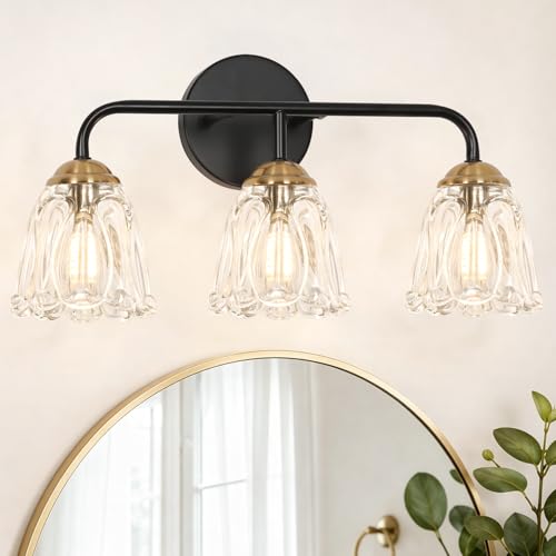 Daunton Vintage 3 Light Vanity Light, Black and Gold Bathroom Vanity Light, Bathroom Light Fixtures with Glass Shade, Antique Vanity Light Fixtures Over Mirror, Wall Sconce for Bedroom, Living Room - color: Black+Gold, size: 18.1in