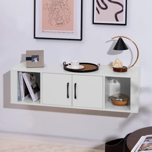 GIANTEX Wall Mounted Storage Cabinet 2 Cube Floating Media Hanging Desk W/2 Doors and 2 Open Shelves, Home Office Furniture for Kitchen, Bathroom, Living Room Floating Console Hutch (White) - color: White