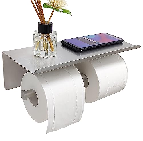 Large Double Toilet Paper Holder with Shelf, GZILA Dual Toilet Paper Rolls Holder Wall Mounted, Bathroom Mobile Phone Storage Rack, Tissue TP Dispenser, SUS304 Stainless Steel Brushed Nickel - color: Brushed Nickel