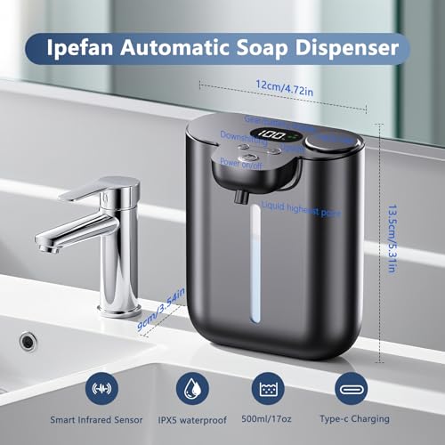 Automatic Soap Dispenser,9 Levels Liquid Soap Dispenser for Kitchen, RechargeableTouchless Liquid Hand Soap Dispenser for Bathroom,16.9oz/500ml,1200mah Rechargeable,Wall Mount & Countertop