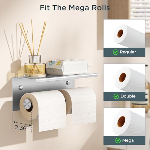 FORIOUS Toilet Paper Holder with Shelf, Commercial Toilet Paper Dispensers | Brushed Nickel | Wall Mount Bathroom Tissue Holder | SUS304 Stainless Steel Rustproof | Double Tissue Roll Holder - color: Stainless Steel