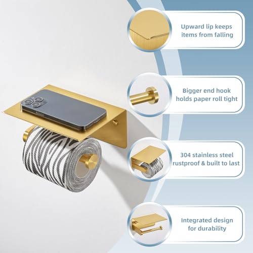 Toilet Paper Holder, Brushed Gold, 304 Stainless Steel | Wet Wipes & Air Freshener Storage, Space-Saving Design, Family Bath & Rental Apartment Use, Modern Bathroom Refresh - color: Brushed Gold, size: Single Rod