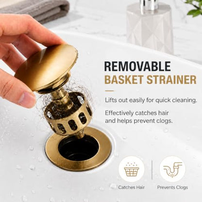 Metal Pop Up Bathroom Sink Drain with Overflow, Brushed Gold Vessel Sink Drain Assembly with Detachable Basket Stopper, Anti-Clogging Drain Strainer