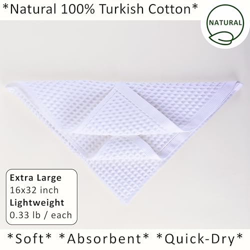 PÜSKÜL Natural 100% Turkish Cotton Waffle Kitchen and Hand Towels, 3-Piece | White, 32x16" Large, Premium 3D Honeycomb Weave Soft Absorbent Quick-Dry Lint-Free Dish Towel, Oeko-Tex Made in Turkey - color: White, size: Kitchen & Hand Towels Pack of 3