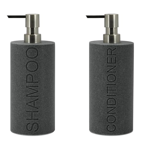 Resin 2 Pack Shampoo, Conditioner or Body Wash Dispenser Set, Luxurious Refillable Pump Bottles with Matte Pump Top and Embossed Text, Durable Design for Bathroom and Shower - color: Gray Shampoo & Conditioner
