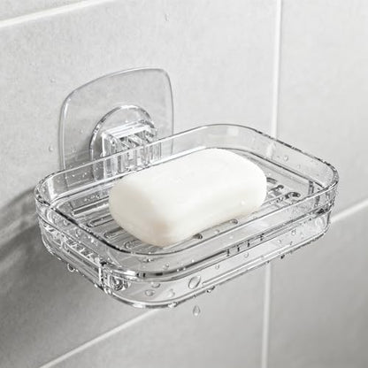 Soap Dish for Shower Wall Mounted, Soap Bar Holder Self Draining, Strong Adhesive Mount Soap Saver Sponge Holder for Bathroom Bathtub Kitchen Sink, Clear