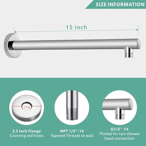 Voolan 15" Round Shower Arm with Flange and Teflon Tape, Extension Shower Head Arm for Bathroom Fixed Shower Head, Solid Stainless Steel, Wall Mounted (Chrome) - color: Chrome, style: 15 Inch