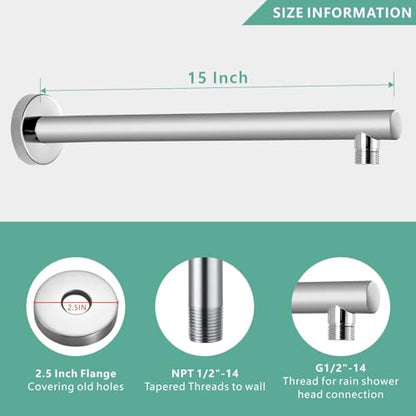 Voolan 15" Round Shower Arm with Flange and Teflon Tape, Extension Shower Head Arm for Bathroom Fixed Shower Head, Solid Stainless Steel, Wall Mounted (Chrome) - color: Chrome, style: 15 Inch