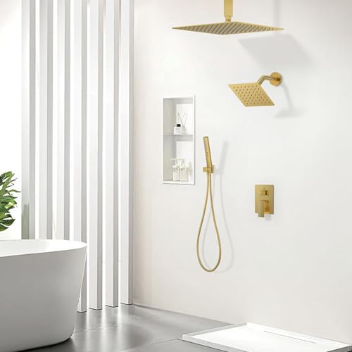 Rain Shower System 12" & 6" Dual Shower Heads Ceiling Shower Faucet Set | Ideal for bathroom remodels and upgrades with 12" rain shower, 6" angled shower, handheld spray and complete valve kit. - color: Brushed Gold, size: Ceiling Mounted - 12"+6" Shower
