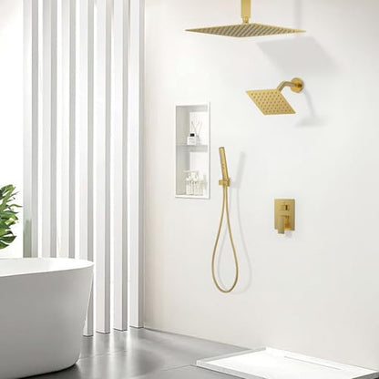Rain Shower System 12" & 6" Dual Shower Heads Ceiling Shower Faucet Set | Ideal for bathroom remodels and upgrades with 12" rain shower, 6" angled shower, handheld spray and complete valve kit. - color: Brushed Gold, size: Ceiling Mounted - 12"+6" Shower
