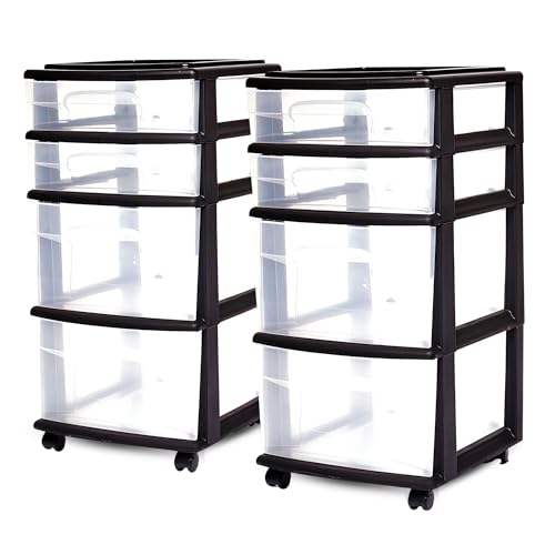 HOMZ 2-Pack Drawer Tower, 4-Tier Clear Plastic Storage Organizer Cart, Black Frame - Organizing Containers with Wheels for Home, Bathroom, Bedroom, Office, and Classroom - color: Clear/Black, size: 2 Pack