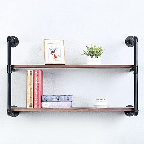 Industrial Pipe Shelves With Wood Planks,Rustic Pipe Shelving Wall Shelf | Metal Pipe Solid Pine Wood,Easy to Assemble,Wooden Board Thickness 0.78 In,For Bar Farmhouse Kitchen Office Bathroom,Bedroom - color: 2-layer, size: 36in
