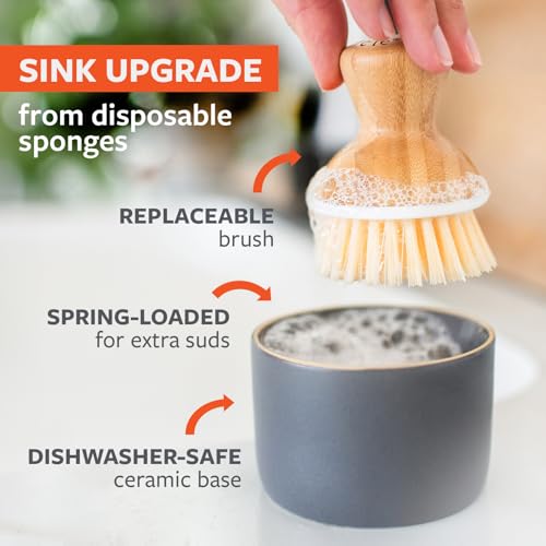 Full Circle Bubble Up Ceramic Soap Gray Ergonomic Bamboo Handle, Dish Brush + Dispenser, Grey/White