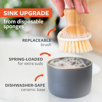 Full Circle Bubble Up Ceramic Soap Gray Ergonomic Bamboo Handle, Dish Brush + Dispenser, Grey/White