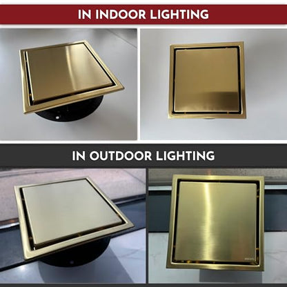 4 Inch Square Shower Drain Gold Floor Drain with Flange Reversible 2-in-1 Cover Tile Insert Grate Removable SUS304 Stainless Steel CUPC Certified Brushed Gold - color: Brushed Gold, size: 4 Inch