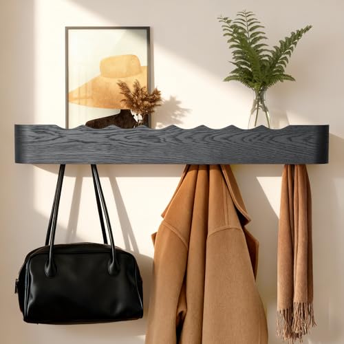 Coat Rack Wall Mount with Shelf Entryway Shelf Modern Key Holder Hanger Wall Shelves with Hidden Hooks for Hanging Towels Coats Hats Bags for Hallway Bathroom Bedroom(Wavy Black, 8 Hooks) - color: Wavy Black, size: 8 hooks