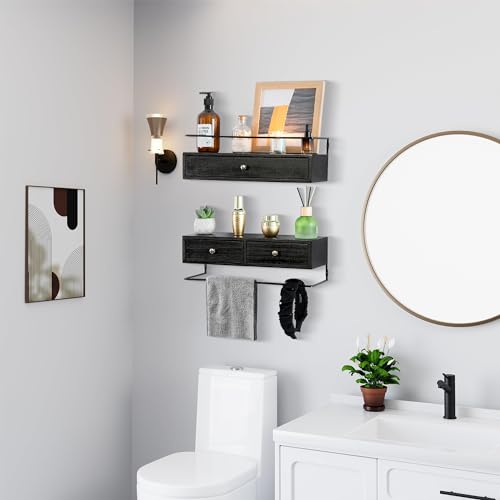 dreampossible 2-Pack Rustic Floating Shelves with Drawer, Black, 15.8 Inch Long, Wall-Mounted, Bathroom, Kitchen, Living Room Storage - color: Black, size: 15.8 Inch Long