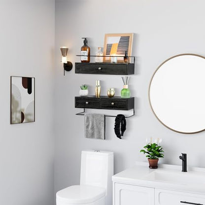 dreampossible 2-Pack Rustic Floating Shelves with Drawer, Black, 15.8 Inch Long, Wall-Mounted, Bathroom, Kitchen, Living Room Storage - color: Black, size: 15.8 Inch Long