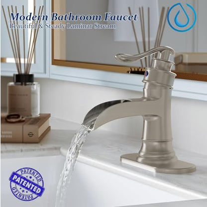 BWE Brass Brushed Nickel Waterfall Bathroom Faucet for Modern & Classic | Lead-Free, Wide Waterfall Spout, Ceramic Cartridge, Fits 1 or 3-Hole Sink, Single Handle, Handware Included, Easy Install - color: Brushed Nickel