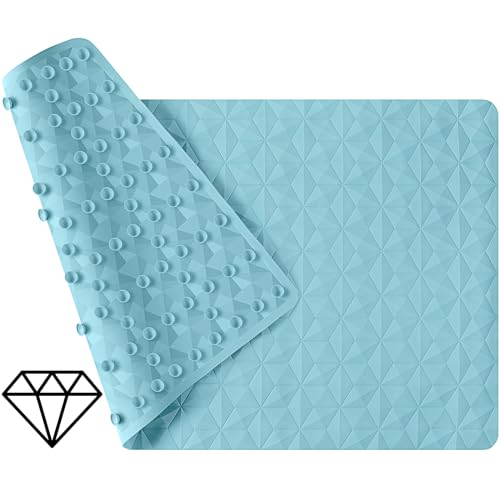 Bathtub Mat Non Slip - Natural Rubber Bath Tub Shower Safety Mat - 16 x 28 Inch Shower Mats with Suction Cups - Delicate Diamond Pattern - Softer - BPA Free - Machine Washable - Elegant Blue