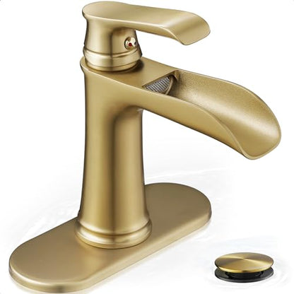 Waterfall Faucet, Brass Gold Bathroom Faucet 1 Hole, 1 Handle Bathroom Faucets for Sink 3 Hole (4 Inch) with Pop-up Drain, Hoses & Deck Plate - color: Brushed Gold-Noble