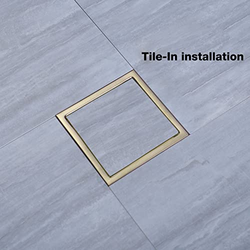 TRUSTMI Shower Drain with Base Flange 4 Inch Square Floor Drain with Flat or Tile Insert Grid Patten Grate Cover of SUS 304 Stainless Steel, Threaded Adapter Adjustable Drain Strainer, Brushed Gold