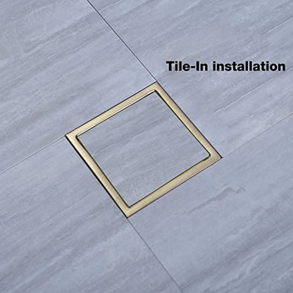 TRUSTMI Shower Drain with Base Flange 4 Inch Square Floor Drain with Flat or Tile Insert Grid Patten Grate Cover of SUS 304 Stainless Steel, Threaded Adapter Adjustable Drain Strainer, Brushed Gold