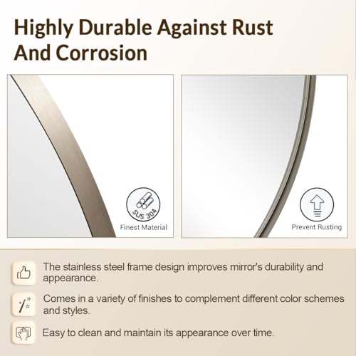 ANDY STAR Round Bathroom Mirror, 24’’ Brushed Silver Round Bathroom Mirrors in Stainless Steel Metal Frame 1" Deep Set Design | Rust-Proof Stainless Steel Thin Frame, Shatterproof HD Glass, 9mm MDF Backboard, Ideal for Living Room, Bedroom, Entryway - col