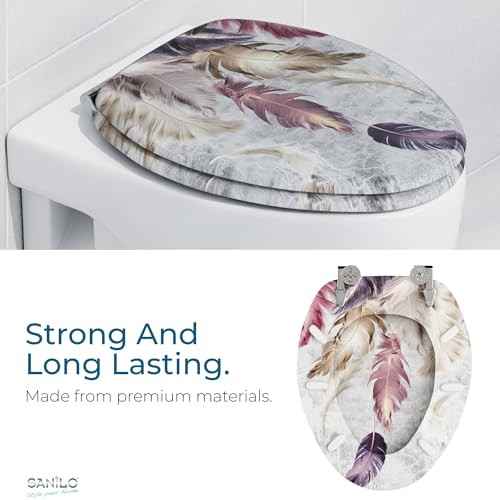 SANILO Wooden Toilet Seat with Soft Close [ELONGATED] - Decorative, Quiet & Slow Close Molded Wood Seat - With Strong Bumpers & Hinges - Adjustable Fit - Feathers - color: Feathers