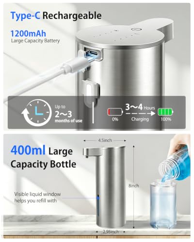 Touchless Automatic Liquid Soap Dispenser, Stainless Steel, Rechargeable | 4 Levels Adjustable, No Clog,13.5oz Capacity,IPX5 Waterproof, Wall Mount, For Hand & Dish Soap, Bathroom Kitchen Hotel Use - color: Stainless Steel