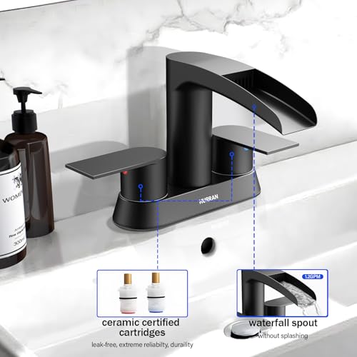 Bathroom Sink Faucet for 3 Hole, Hurran 4 Inch Bathroom Faucets with Pop-up Drain, Stainless Steel 2-Handle Waterfall Faucet for Bathroom Sink, Matte Black - color: Black