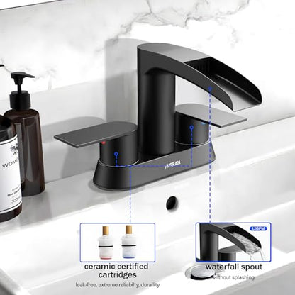 Bathroom Sink Faucet for 3 Hole, Hurran 4 Inch Bathroom Faucets with Pop-up Drain, Stainless Steel 2-Handle Waterfall Faucet for Bathroom Sink, Matte Black - color: Black
