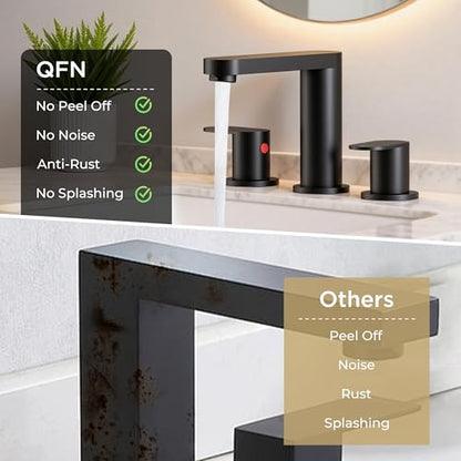 QFN Bathroom Faucet 3 Hole 8 Inch Widespread Vanity Sink Faucet Matte Black | 304 Stainless Steel Bathroom Sink Faucet with Pop-up Drain, 6-12 Inch 3 Hole Install, for RV Laundry Farmhouse Restroom Sink - color: Matte Black, style: Round