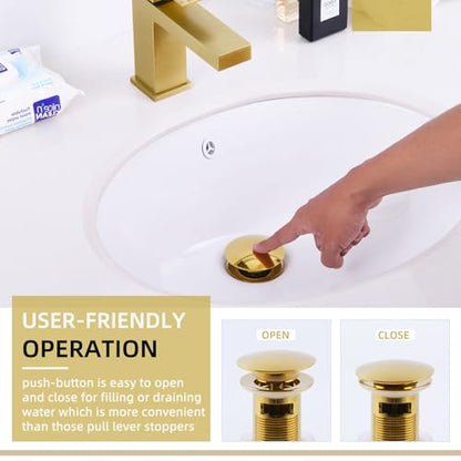 Angle Simple Bathroom Sink Drain Stopper, Pop Up Design, Polished Deep Gold | Brass Stopper with Stainless Steel Tailpiece, Only for Sink with Overflow Hole, Fit 1.61 to 2 Inches Diameter of Drain Hole - color: Deep Titanium Gold