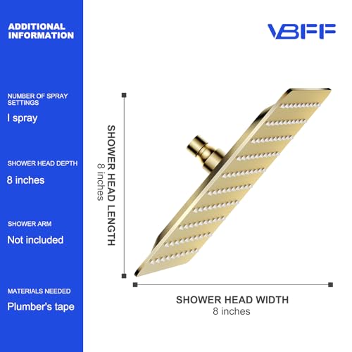 VBFF-Shower Head,rain shower head, 8 inch- Square Shower Head, 1.8 GPM Flow Rate, rainfall showerhead,VBFF07 (Brushed Gold) - color: Brushed Gold, size: 8 Inch