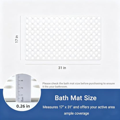 Non Slip Bathtub Mat and Shower Mat 31x17 inch,Bath Mat with Quick Dry Drain Holes and Suction Cups, Soft Comfortable Safe Bathroom Mat for Bath Tub, Floor, Tile (White)
