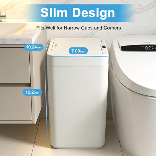 Naisu 4 Gal Bathroom Trash Can with Lid,Automatic Garbage Can with Touchless and Sealed Design,Slim Motion Sensor Waterproof Plastic Trash Bin Suitable for Bedrooms,Bathrooms,Kitchens（2 Pack, White）