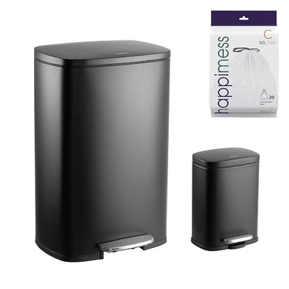 happimess Connor 2-Piece Stainless Steel Trash Can, Charcoal Black | 13.2 and 1.3 Gallons, Rectangular, Soft-Close Lid, Fingerprint Resistant, Step Pedal, 20 Liners, 26" and 12" Height - color: Black