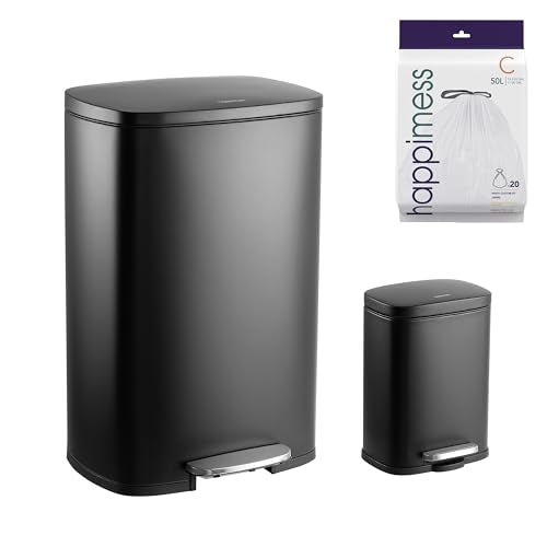 happimess Connor 2-Piece Stainless Steel Trash Can, Charcoal Black | 13.2 and 1.3 Gallons, Rectangular, Soft-Close Lid, Fingerprint Resistant, Step Pedal, 20 Liners, 26" and 12" Height - color: Black