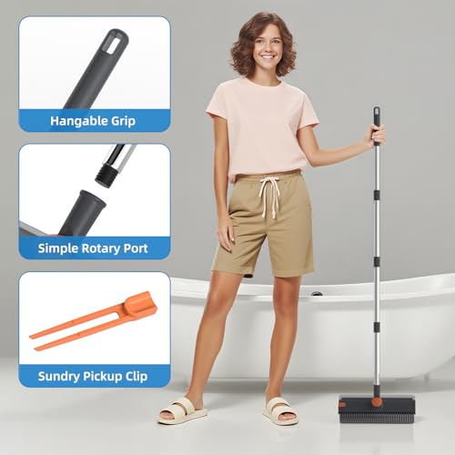 Floor Scrub Brush with Long Handle, 3 in 1 Scrape and Heavy-Duty Stiff Bristle Floor Scrubber Brush Broom with Squeegee and Tweezer for Cleaning Grey - color: Gray