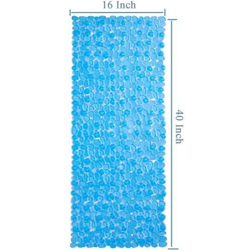 Webos Bath Shower Mat Non Slip: Extra Large Pebble Bathtub mat for Families, Anti Slip Shower Matt with Drain Holes Suction Cups Tub Mat - 16 X 40 Inch Clear Blue - color: Pebble Clear Blue