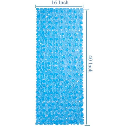 Webos Bath Shower Mat Non Slip: Extra Large Pebble Bathtub mat for Families, Anti Slip Shower Matt with Drain Holes Suction Cups Tub Mat - 16 X 40 Inch Clear Blue - color: Pebble Clear Blue