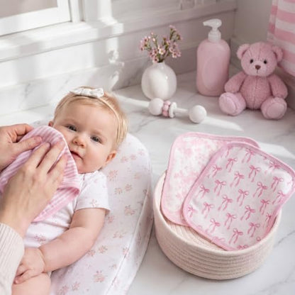 Irenare 3 Pack Pink Bow Baby Washcloths, Floral Striped Baby Soft Face Towels, Absorbent Knit Terry Wash Cloth for Girls, Gentle on Sensitive Skin Great for Bathing Wiping Shower Gift and Essential
