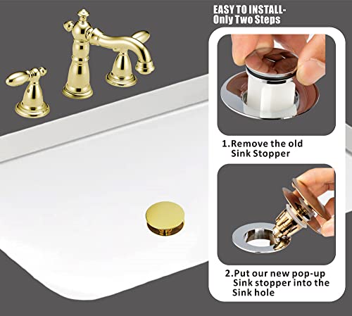 Universal Bathroom Sink Drain Stopper, Fits Most Pop-Up Drains for Vessel Sink Lavatory Vanity, Sink Drain Strainer with Detachable Hair Catcher, Tested by Plumber in US (Polished Brass) - color: Polished Brass