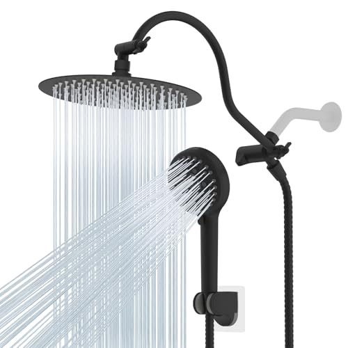 Hibbent All Metal CUPC Certified Shower Head, 10'' High Pressure Rainfall Shower Head, Handheld Showerhead Combo with 12'' Adjustable Extension Arm, 10-Spray, 71'' Hose, Shower Holder, Matte Black - color: Matte Black, style: Round 10''