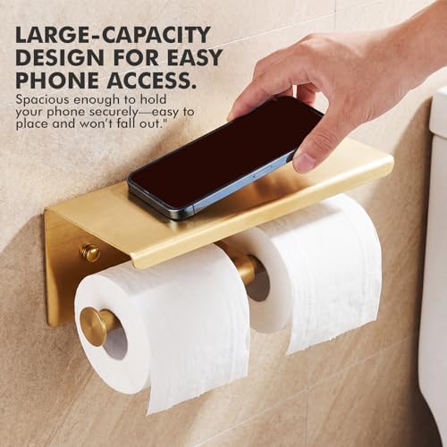 Double Toilet Paper Holder with Shelf, Wall Mount Tissue Roll Holder for Bathroom, 304 Stainless Steel Commercial Toilet Tissue Dispensers with Phone Shelf (Gold) - color: Gold