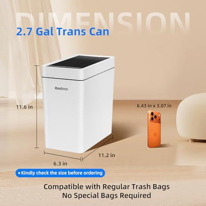 2.7 Gallon Slim Bathroom Touchless Trash Can, Automatic Smart Trash Can with Air-Press Bag Expander, Sensor Lid Waste Bin for Bedroom, Office & RV, White - size: 2.7 Gallon-Standard