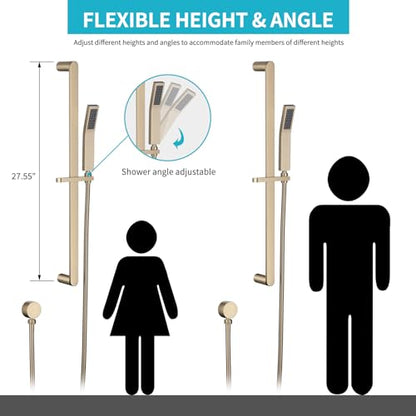 Shower Slide Bar Handheld Shower Head with Hose, Bathroom Showerhead with Handle Spray, High Pressure Shower Slide Bar Height Adjustable with 59.06 Inch Stainless Steel Hose Brushed Gold - color: Brushed Gold-Square